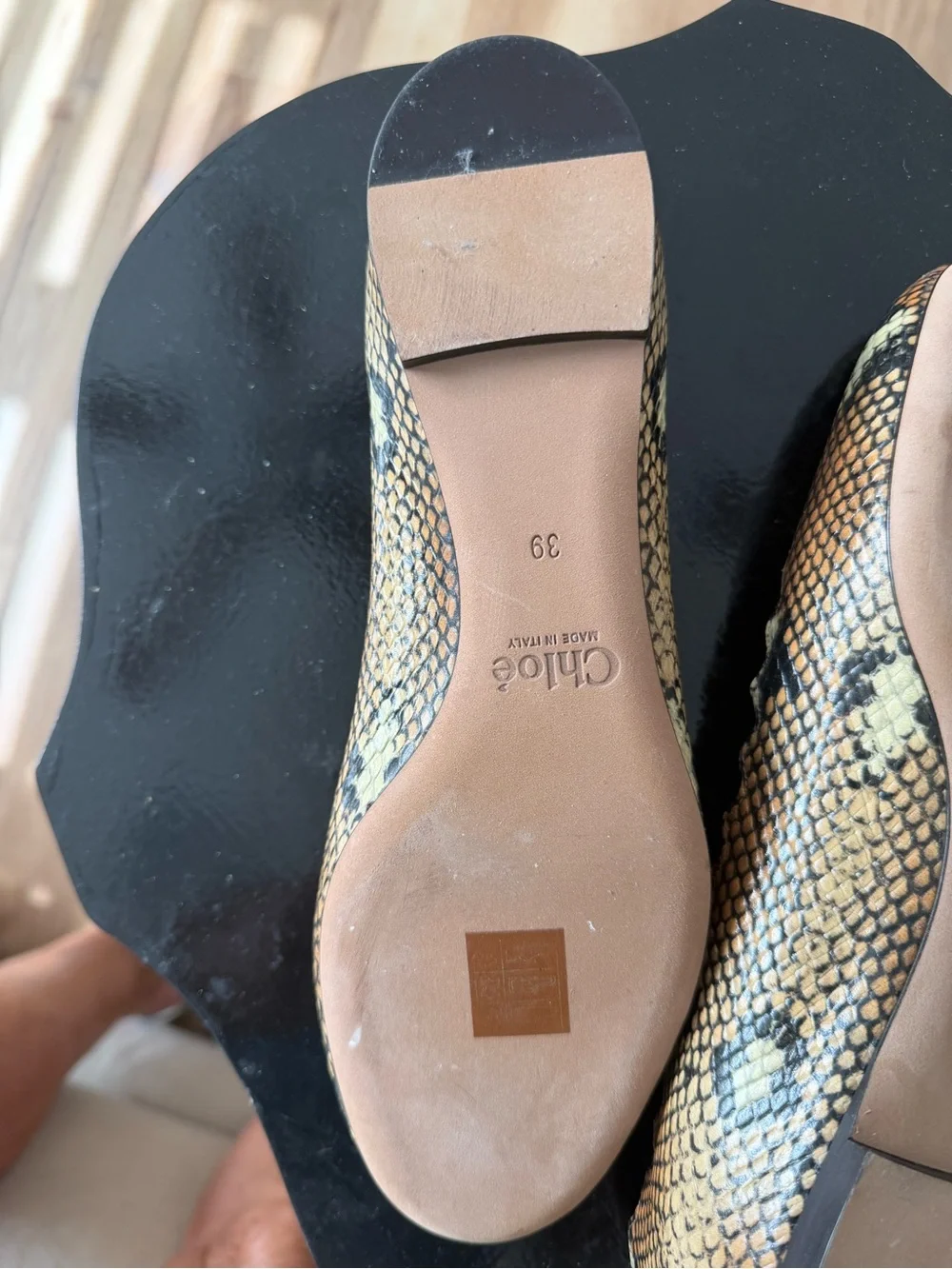 Chloe Yellow and Black Snake-Print Pointed Toe Heels